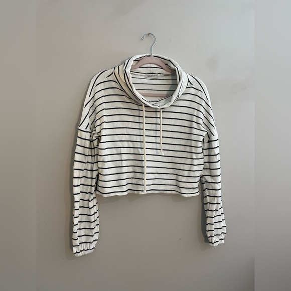 Paper Crane Cowl Neck White and Black Striped Cropped Sweater - Picture 1 of 5